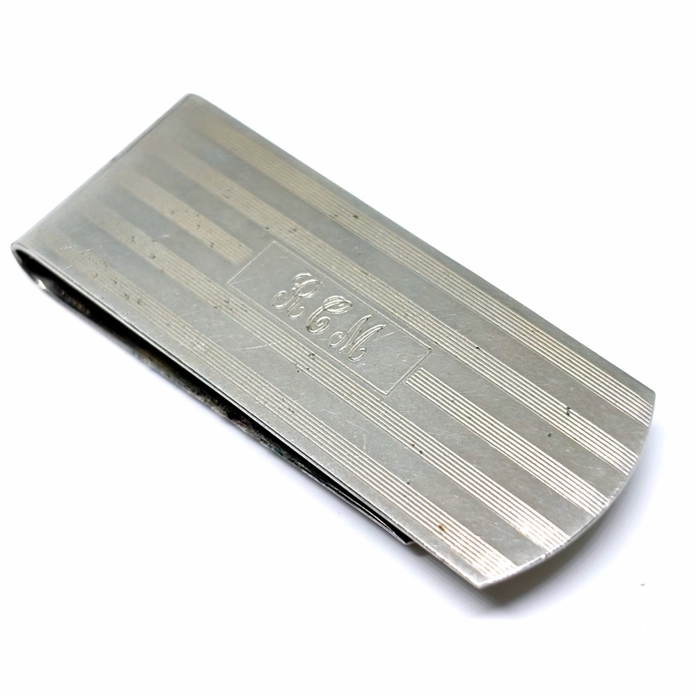 Vintage Engine Turned Sterling Plated Monogram Art Deco Money Bill Clip 2”